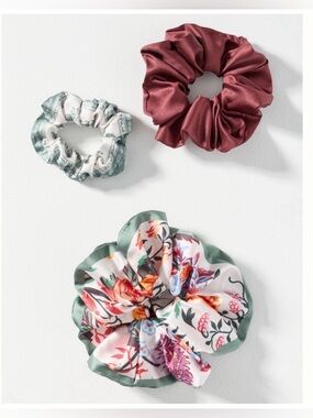 Anthropologie Floral & Satin Scrunchie- Set of 3